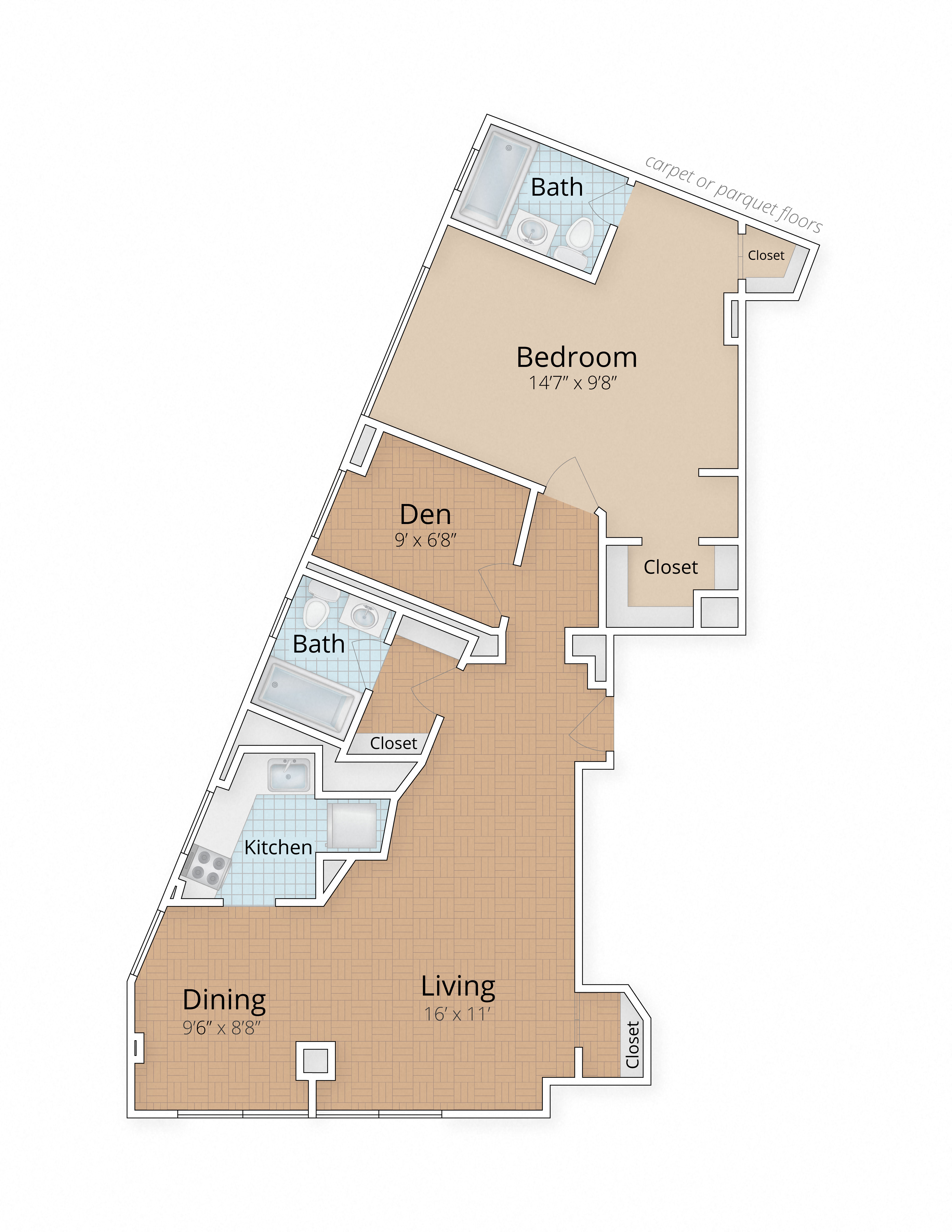 Floor plan for 1 bed, 2 baths, 900 sqft